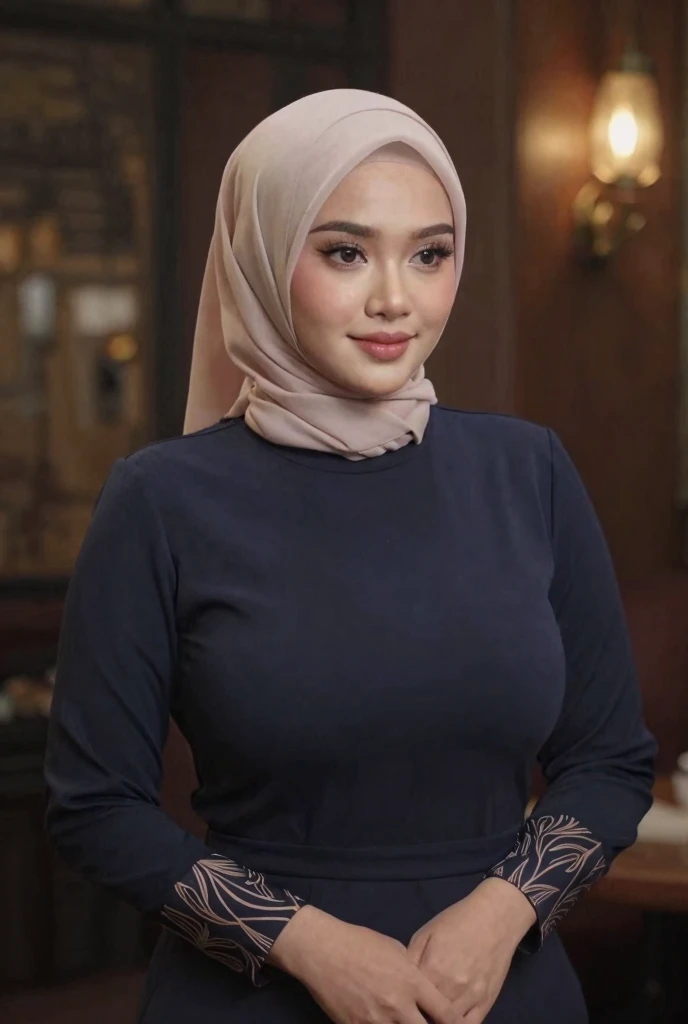 Indonesian , 40 years old, hijab, gamis, big  at office, Dark light, at Nighttime, high heels,  face.(full camera body)
