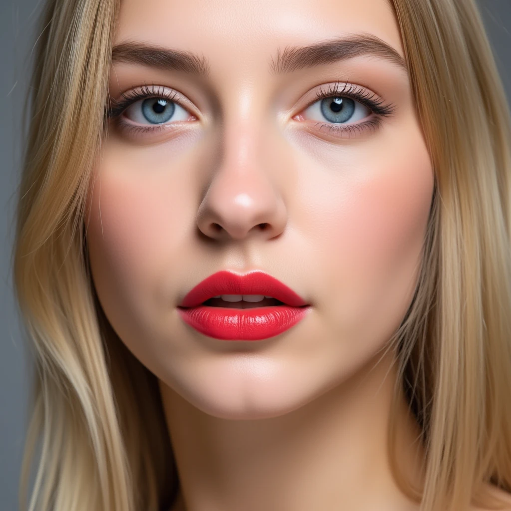 Beautiful skinny girl, elongated face and thin chin, freckles, blonde, blue eyes, red lipstick, beautiful makeup, white skin,top , just face 