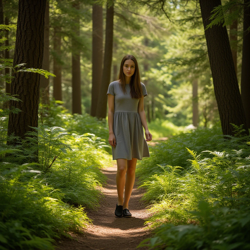 Illustration for a fairy tale about a girl, standing in the forest, who can talk to animals"