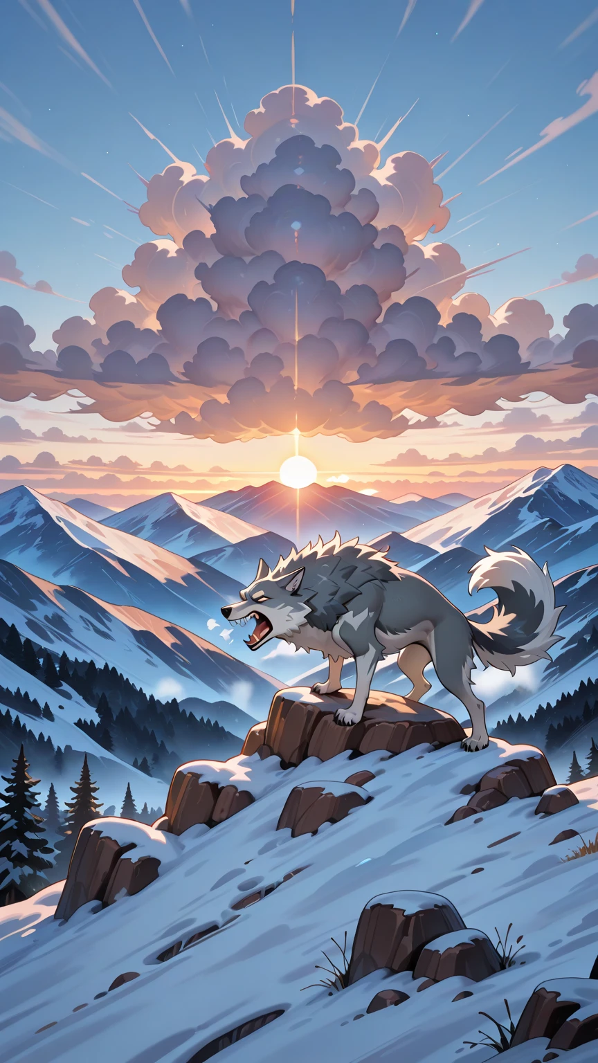 wolf, blue eyes, mountains, sunset, fire, volcano, scorpio, lens flare, Canon, Fujifilm, award winning, best quality, highres, 8k