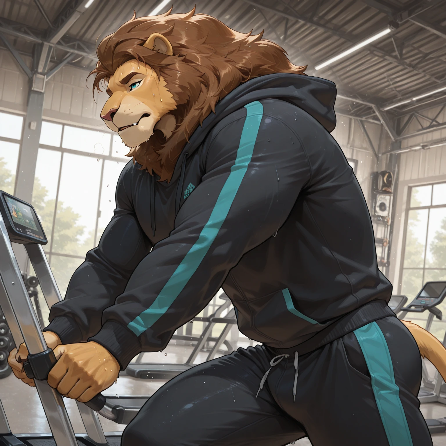 masterpiece, best quality, 8k resolution, Very detailed, hairy,(((lion)),(((Mature))),(((Strong))),portrait,(((Gym))),For the audience,(((Dumbbell in hand))),Highest quality scene,Solitary,solitary,(((whole body))),(((Sweating))),(((Half-squatted))),((())),((())),((Fat-enclosed muscle)),(((Shameful))),((Blushing)),(((Round face))),(((alone))),(((VR headset))),(((Strong body))),(((Hip bulge))),((( out)))
