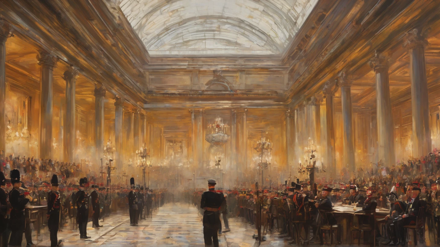 A scene where police officers are present at the realistic Gallery palace.

Police officers, art exhibition, Gallery palace, high security, uniformed police, stern expressions, authority figures, vigilant, patrol, watchful eyes, alert, secure surroundings, museum-like setting, valuable artworks, precious paintings, sculptures, crowded halls, diverse crowd, art enthusiasts, spectators, elegant architecture, grand entrance, marble floors, decorative columns, high ceilings, chandeliers, natural lighting, spotlights, art curators, elegant attire, professional demeanor, walkie-talkies, security cameras, surveillance, gallery guards, metal detectors, bag checks, strict protocols, security measures, preserving art, ensuring safety, theft prevention, peaceful atmosphere, respectful behavior, quiet whispers. 

(best quality, 4k, highres,masterpiece:1.2), ultra-detailed, realistic, portrait, vibrant colors, vivid hues, soft lighting, dramatic shadows, museum ambiance, artful composition, exquisite details, fine brushstrokes, lifelike textures, meticulous craftsmanship, captivating artistry, gallery aesthetics, timeless beauty, impressive displays, artistic marvels, awe-inspiring creations.