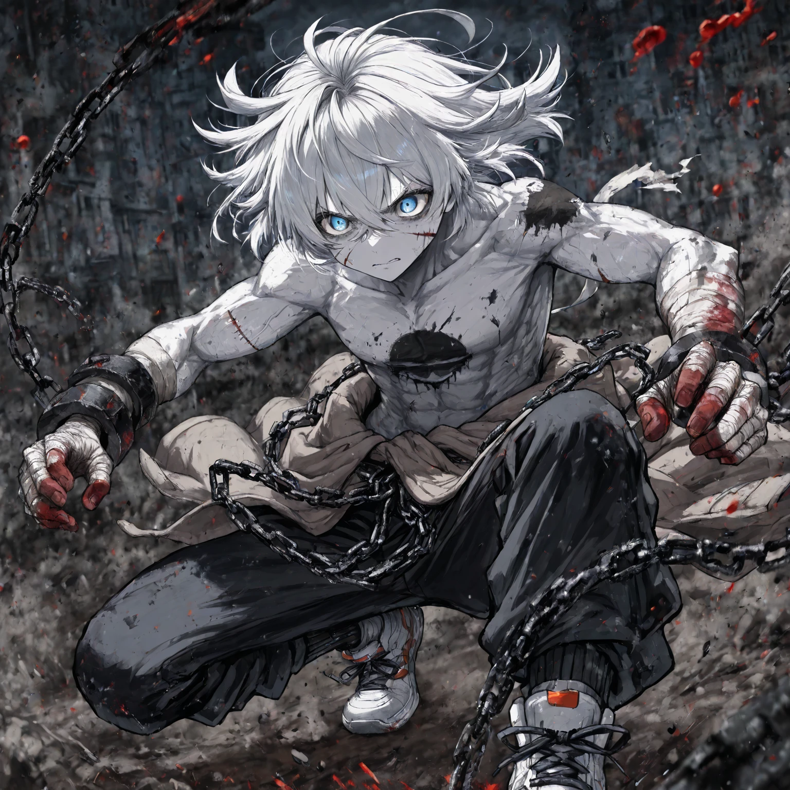 (score_9, score_8_up, score_7_up, score_6_up) BREAK human, humanoid, anime, anime style, line art, thick line, thick line art, outline, thick outline, robot, android, android skin, barcode tattoos on the body, (broken neck:1.4, damaged belly:1.2, damaged arms:1.2), damaged chest, solo, male, young, boy, , , , athletic, thin waist, short messy white hair, animal ear, white fox ear, white fox tail, cute young face, talking, black mouth, glowing blue robot eyes, hard , massive  black , , , leaking a lot of , , , component, chip, circuit board, blue glowing mechanical parts, blue glowing mechanical component, holster, gun, handgun, holding handgun, hand holding handgun, exploring, exploring the forest, in forest, forest background, angry expression, looking away, BREAK good quality, best quality, high quality, high definition, hd, 4k, 8k, masterpiece, good proportion, perfect proportion, good , perfect 