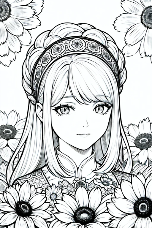 (ultra-detailed background, detailed background), absurdres, highres, mandala detailed, 1 girl, (bunch of flowers:1.3), (zentangle:1.2), (geometric:1.2), for coloring book, monochrome, sketch