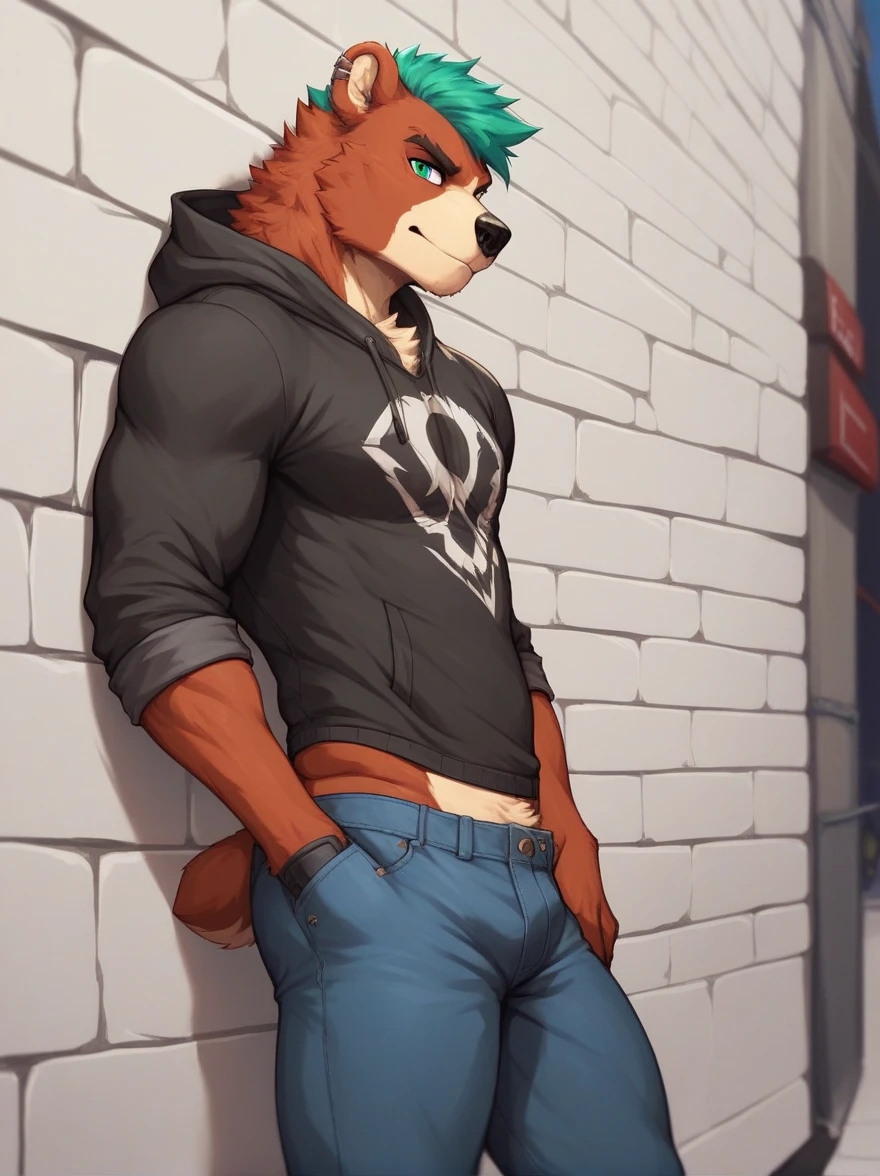 anthro, male, 1boy, solo focus, weasel, dark fur, skater punk, day, dim, detailed eyes, detailed clothes, torn clothes, thin, sleeveless top, (((sweaty armpits))), raised arms, , fit, tall, extreme pants bulge, ((huge bulge)), daddy, (((armpit sweat))), armpit hair, (sweat), (musk), detailed , masterpiece
