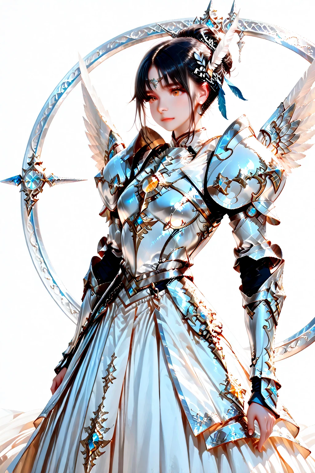 ((highest quality)),(ultra high resolution),(Super detailed),(detailed description),((The best CG)),(best work of art),super precision art,amazing drawing art,(Fantasy art with intricate detail:1.5), (Female angels:1.8),(beautiful and well-shaped face:1.5),smile:1.3,(gatling gun:1.6)
