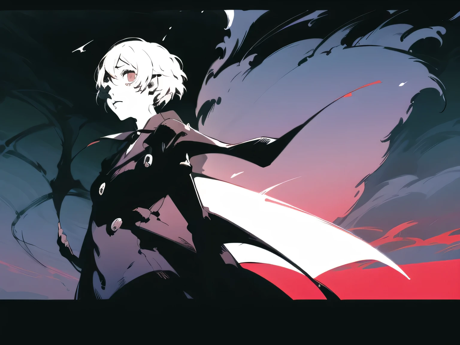 fifteen year old male, Uniform demon slayer, ying yang sword, Beautiful visual quality, Short hair, White and black color theme