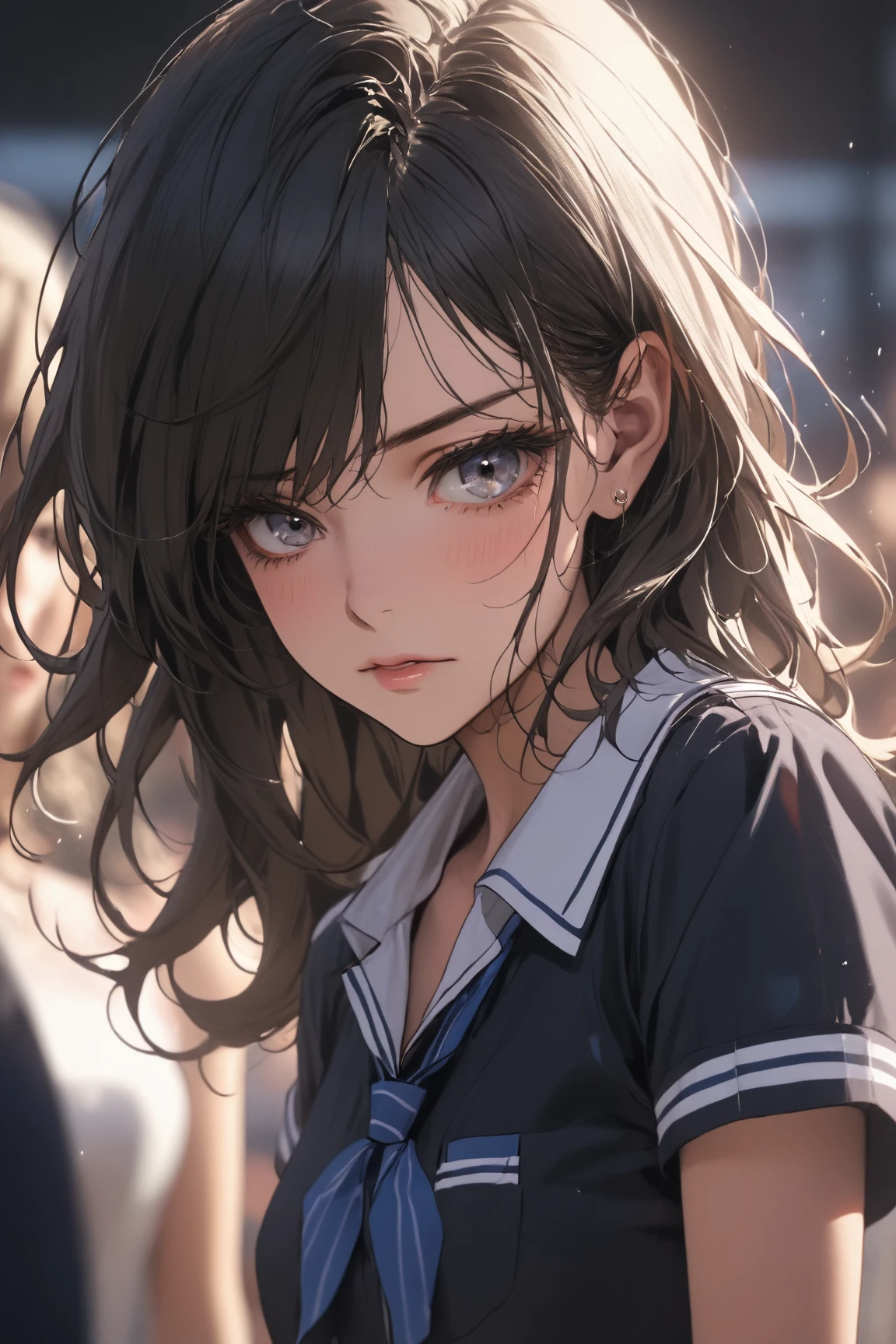 (Obra maestra, La mejor calidad, ultrahigh resolution), 1girl, standing, school uniform, white office shirt, black pleated skirt, ((light brown hair:0.7)), long hair cut, pale skin, ((blue eyes)), glowing_eyes, neon eyes, (ultra detailed eyes, beautiful and detailed face, detailed eyes), ((centered)), smile, ((wide shot)), facing viewer, eye level, (blurry background, bright summer background), flat chested, looking at viewer, ((half closed eyes)), ((perfect hands)), (((head, arms, hips, elbows, in view))), ((hands behind back)), empty eyes, beautiful lighting, outside, outdoors, background, defined subject, 25 years old