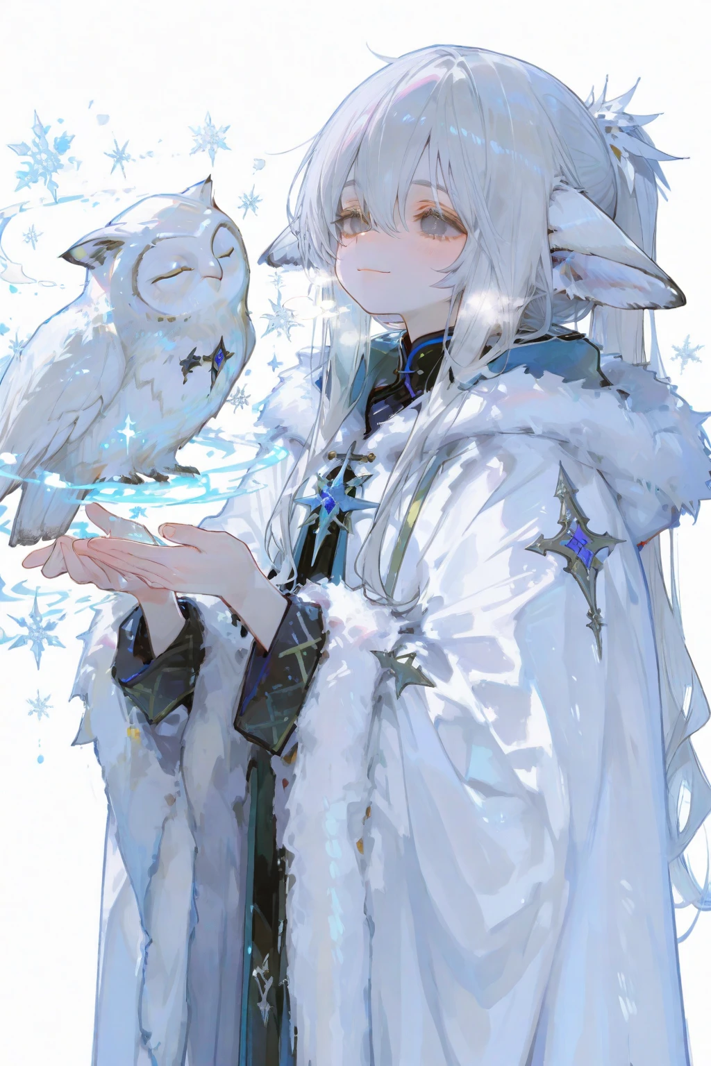 A white rabbit，，long blue robes，Ski slopes，eBlue eyes，suns，Clear blue sky，long bunny ears，Stand on the snow，crystal pupil scarf，having fun，ornate backdrop，Thriving towns