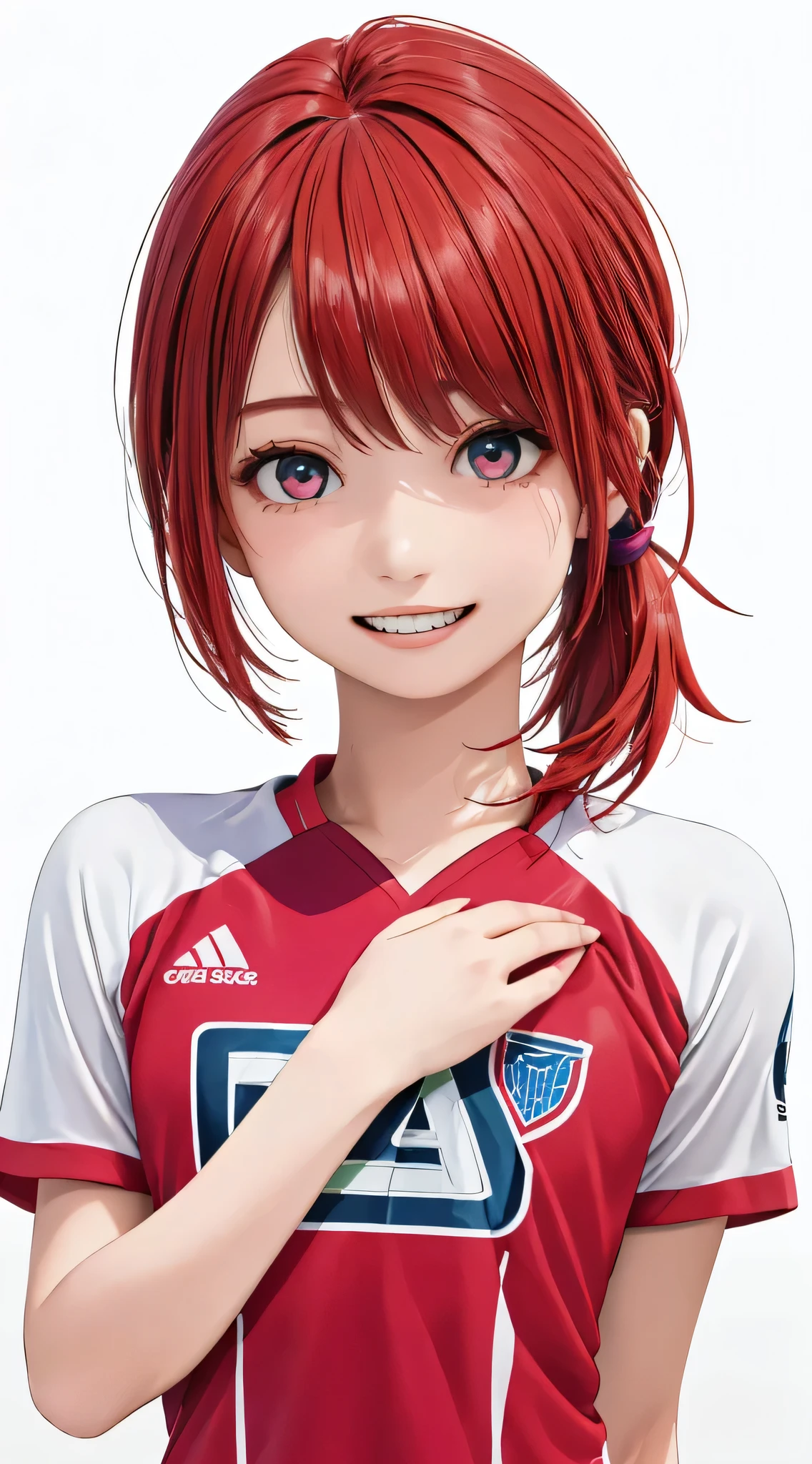 (orange haired girl wears glasses.=)( wears a bright red school soccer uniform) Smile