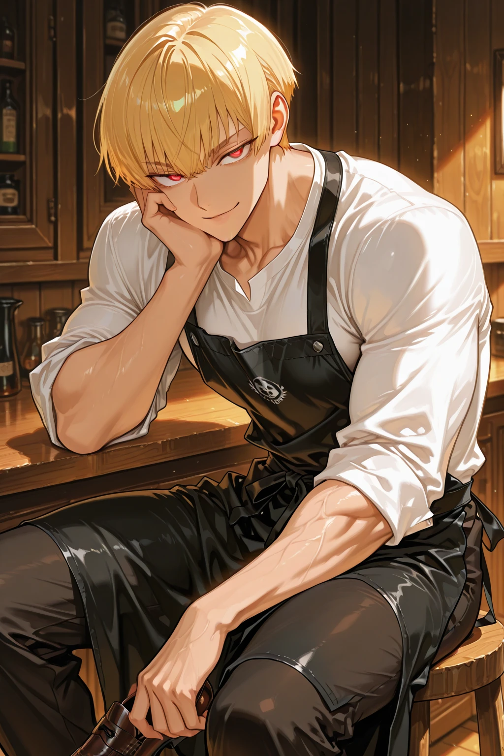 vane /(granblue fantasy/)、muste piece, ,,best quality,male,solo,beautiful detailed skin、Glittering oiled skin,blush、(black apron, cafe uniform,detailed face,blush,Panting、:1.2), complicated and elegant、、 Strong muscles、,(,,,projectile ,,:1.3),kitchen