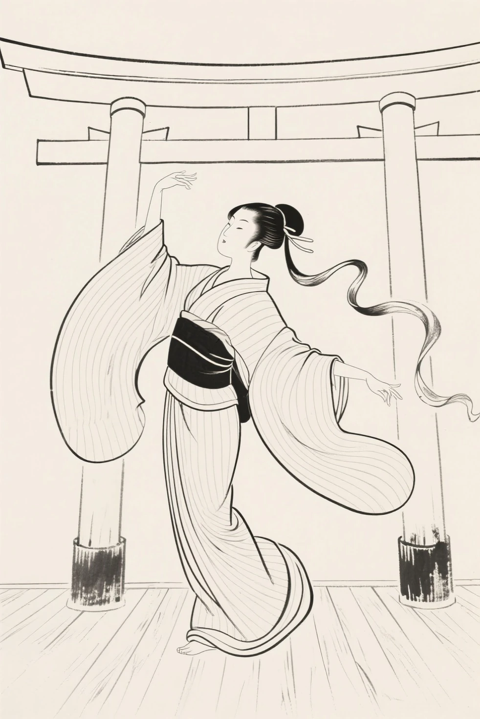 best quality, masterpiece, photo, 4K, photorealistic, highly detailed, huge moon in the background, black and white, closeup, Create a realistic ukiyo-e illustration of a cute girl in a kimono that conveys Japanese culture in various poses with a Japanese garden in the background, using a simple monochrome coloring book that even children can do.
