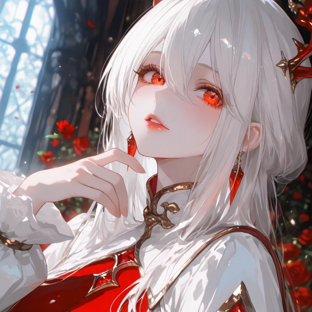 4K quality:1.2,1girl,sense of deps,disorganized,catch light,Super beautiful illustration,succubus,((white color,long hairstyles:1.3)),dark dark eyeshadow,(((4k,super beautiful,In detail,red eyes))),bright red lipstick,gothic lolita,beautiful and delicate hair,full moon night, small , ((covered ))