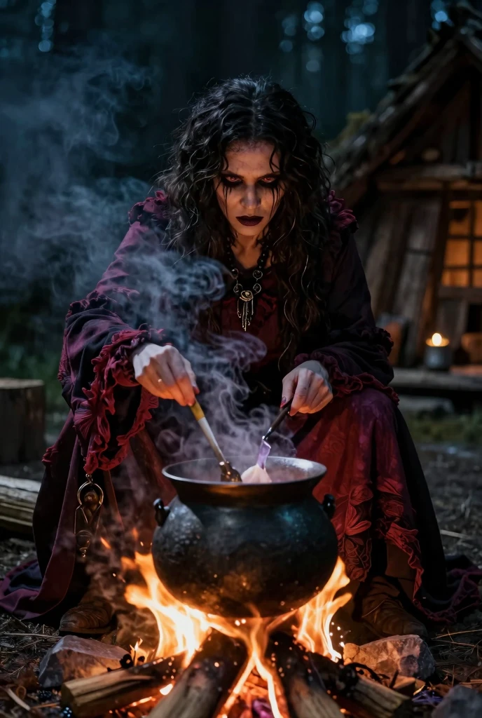Beautiful black voodoo witch casting a spell,pretty face,(((perfect hands))),slim,(((tattoos))),smirk,dreadlocks,,beads,red dress,cave,cauldron,potions