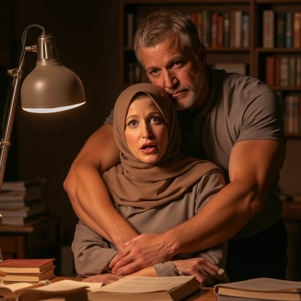 Pale skin kurdish woman  straight tight tied hijab  shoulder  arm  talking with a black man in luxury room