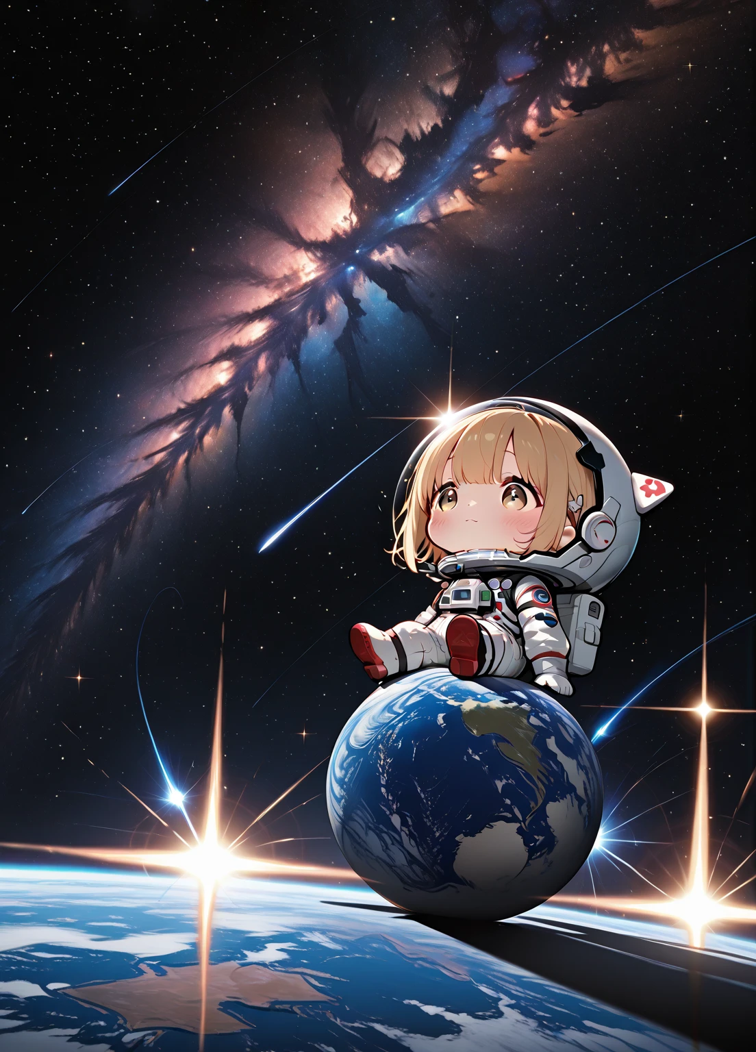 Mika Pikazo style、Kawaii Design, most beautiful girl ever、Chibi, (((Space Explorers)))、Spaceship, Ray firing