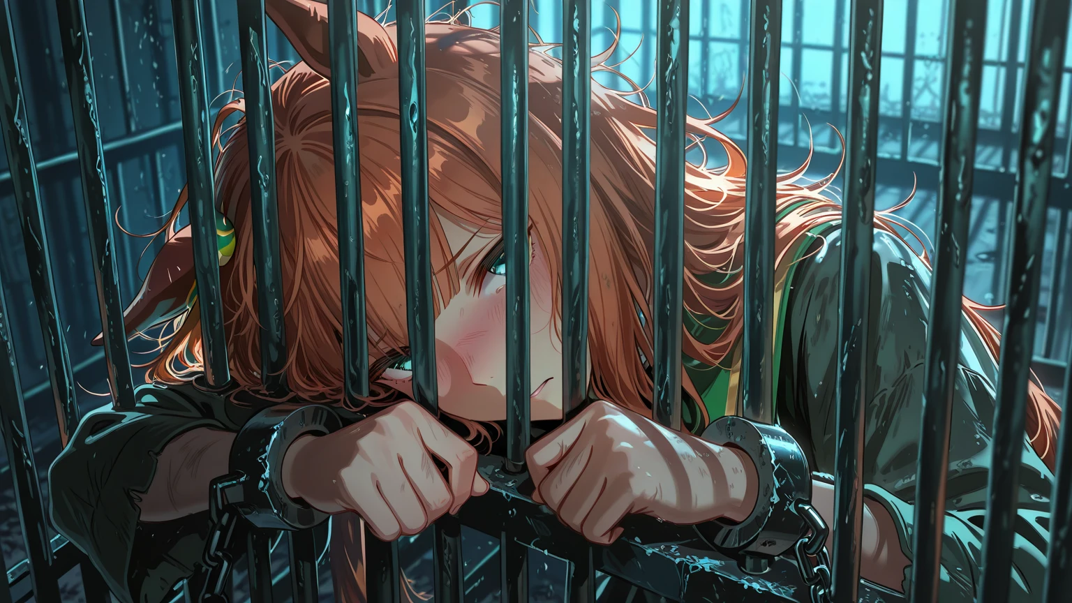 a sad prisoner looks out of his cell through metal bars with his hands on the bars, 4K, ultra HD, artwork