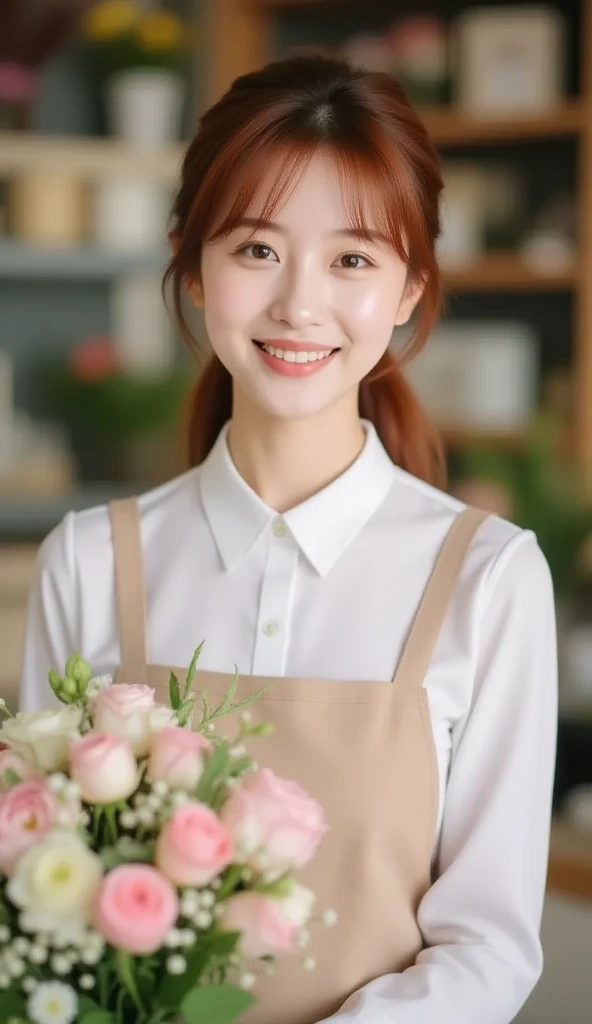 (highest quality、Tabletop、8k、Best image quality、Award-winning works)、Woman working in a café、(The perfect brown apron:1.2)、(Standing elegantly in a cafe:1.1)、(A classy shirt and apron:1.1)、(Big Breasts:1.1)、(Accentuate your body lines:1.1)、Beautiful woman portrait、The most elegant and cozy cafe、The most natural cafe, Perfectly organized、(The moodiest warm lighting:1.1)、(The most romantic atmosphere:1.1)、Stylish and elegant cafe、Strongly blurred background、Look at me and smile、(Accurate :1.2)、Ultra high resolution perfect beautiful teeth、Ultra-high definition beauty face、Ultra HD Hair、Ultra HD The Shining Eyes、The Shining, Super high quality beautiful skin、Super high quality glossy lip