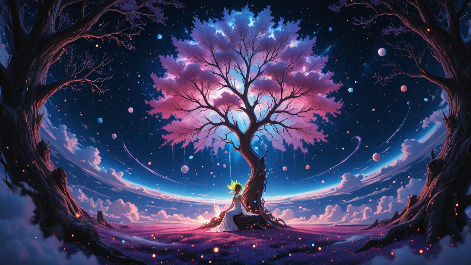 Fantastic、MagicWorld、Big pink tree、Colorful flowing clouds、Water spirits and lots of water bubbles、The little girl、Iridescent sky、