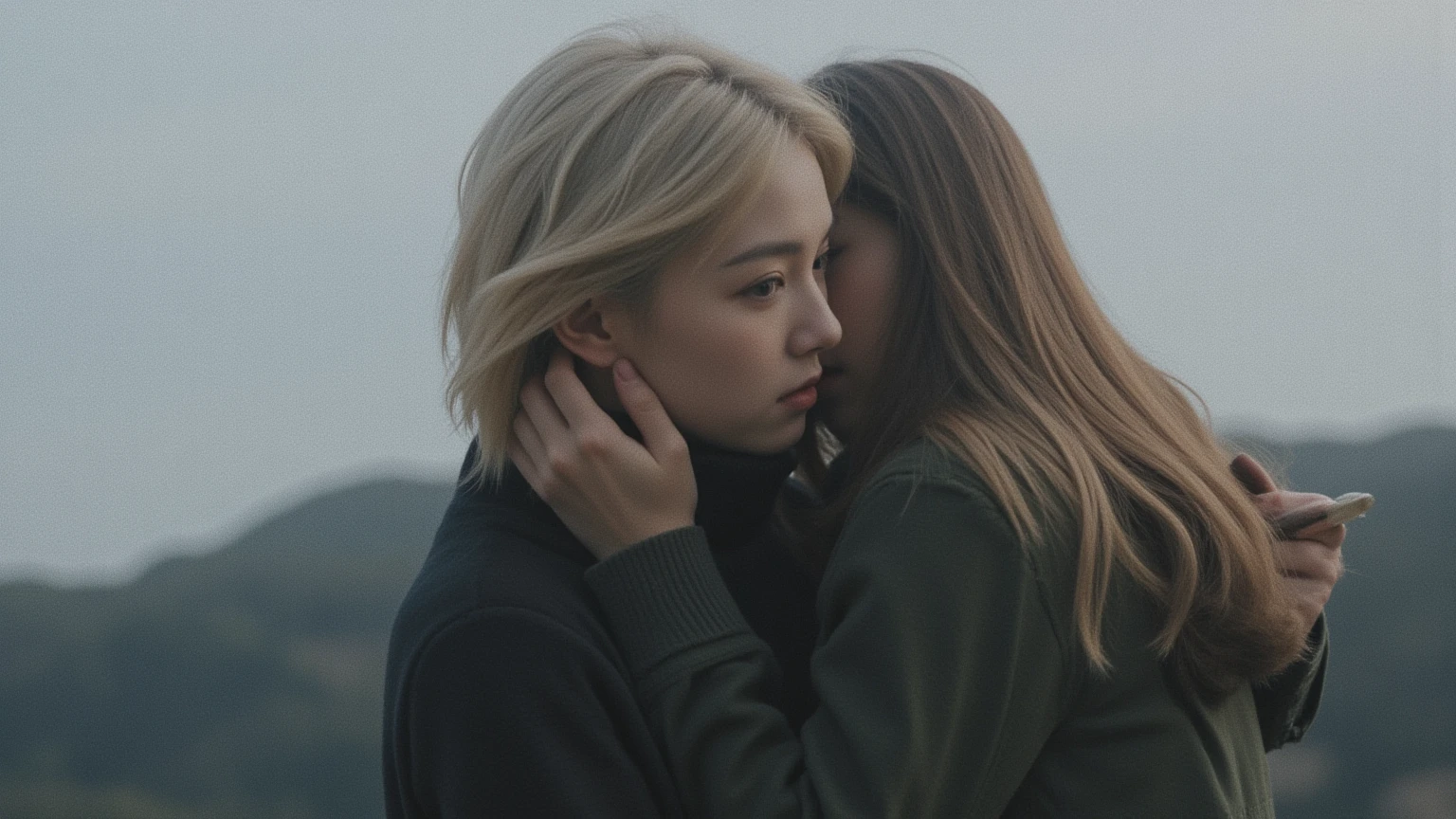 Blonde girl, black haired girl, girlfriends, lesbian couple, sunset, holding hands