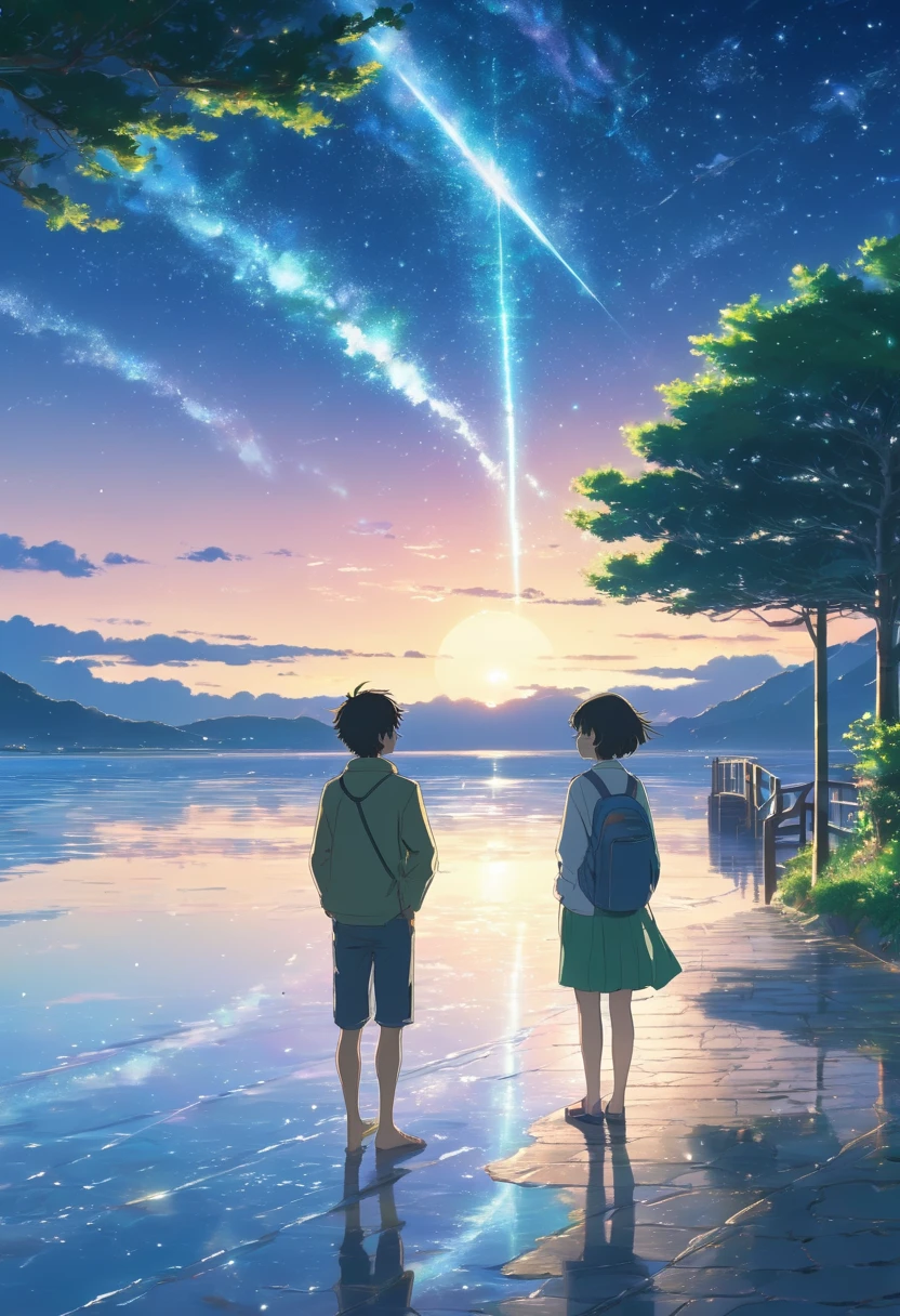 A couple，The entire galactic starry sky，Magnificent,Twinkling starlight，Boundless，Fantastic sights，meteor shower