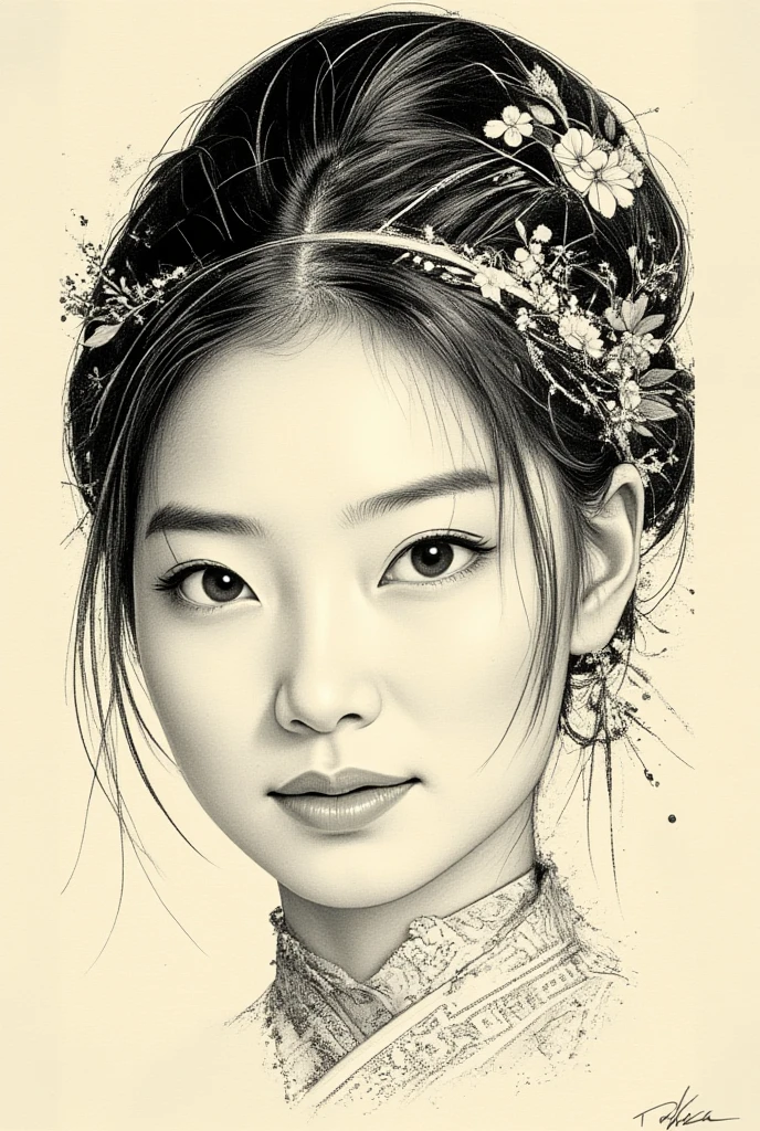 Elegant Maiden，Black and White水墨画，Pen sketch，Gentle brushstrokes，Draw delicate lines with a pen，Fluid Action，Subtle ink shades，Graceful posture，Peaceful look，Delicate  features，Black and White，clean