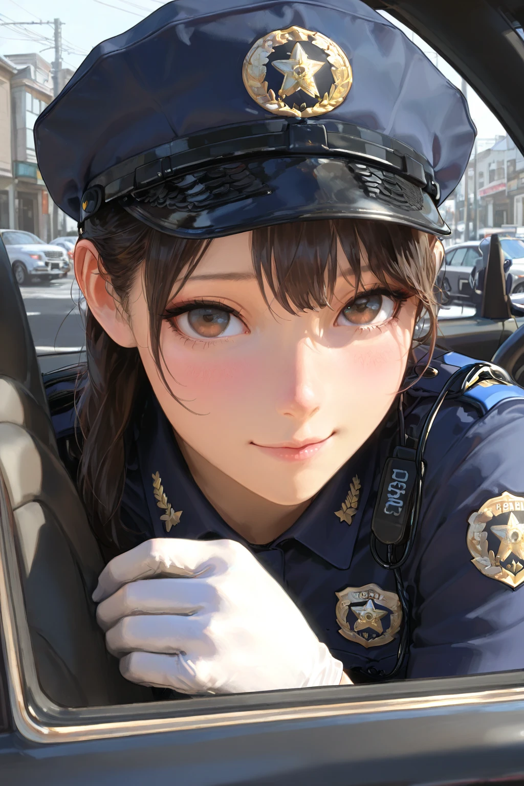 Police form, woman officer, handgun on hold, arrest, handcuffs, shout angry, rage face, victim crime ,Science Fiction,Sci-Fi,Sci-Fi Movies,Movie Posters,Foundation Movie References,Stories about Rebellion,Anti-Government Groups,Politics,War,25-Year-Old Woman,Adult,Dark Blue Water-Colored Eyes,Black Bob Short Hair,1945 Doctor Gown,Fully Dressed,Polite Dress,Serious Face,Realistic Face Resolution,Realistic,Object Resolution