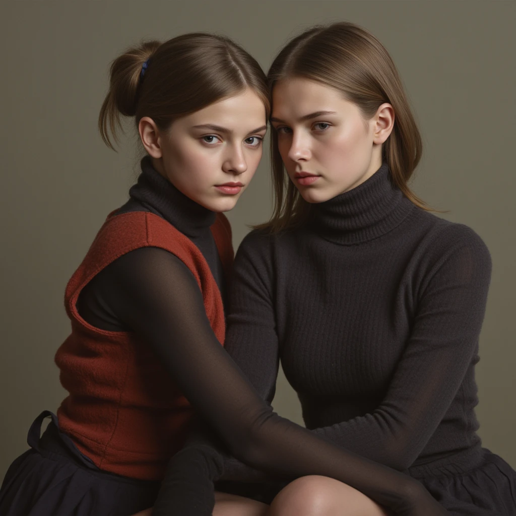 2heads, two headed girl, (one torso:1.5), pale skin, Scottish redhead, teenager, white girls, different ages, (two heads on one body:1.4), (first head uncomfortable:1.5), (second head unhappy:1.5) conjoined twins, heads side by side, one torso, young, uncomfortable, barefoot