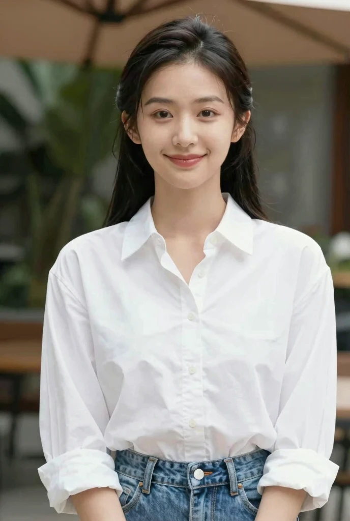 best qualtiy， 超高分辨率， （realisticlying：1.4）， Baoyu Girl， Black long straight，A pair of clear and moving peach blossom eyes,Royal Sister，校服，sunshine on face，（choker necklace：1.2），（Fair skin：1.8），a sense of atmosphere，a beauty girl， ssmile，head straight-looking at viewer， closeup cleavage ，(Photorealistic:1.4),JK，white  shirt，yellow bow，neck bowtie，Yellow skirt，Plaid skirts，pleatedskirt，