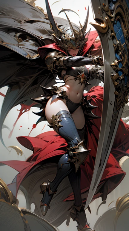 full body standing straight symmetrical, FEMALE warrior princess, big belt around waist, hair, very white skin like snow, strong abs, red tattoo belly, red loincloth, tiger bikini, blue cape, sleeveless, black long socks