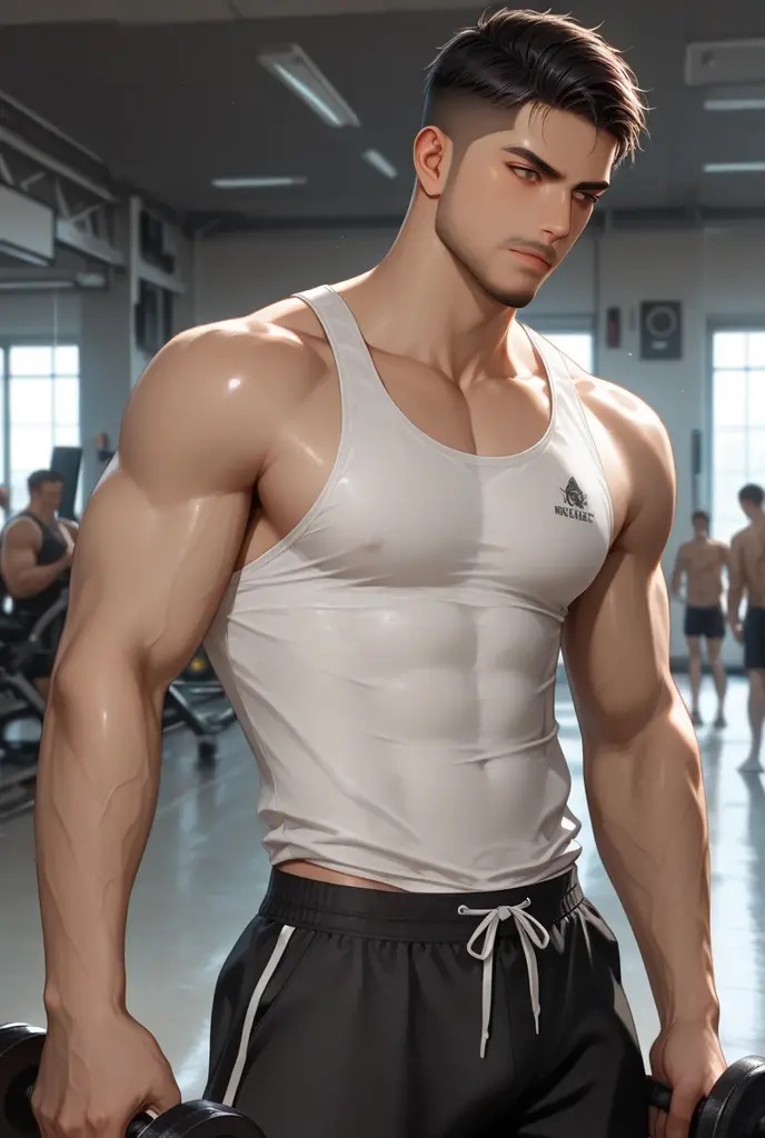 A young man，total body，muscular body type，with big eyes，cropped hair，no beard，Wearing white bikini ，Face Detailed，ray traced， PhotoRealistic， UHQ， high detailed details， 32k， bestbestquality， Textured Skin，master masterpiece， bestbestquality，（total body）， （HDR），