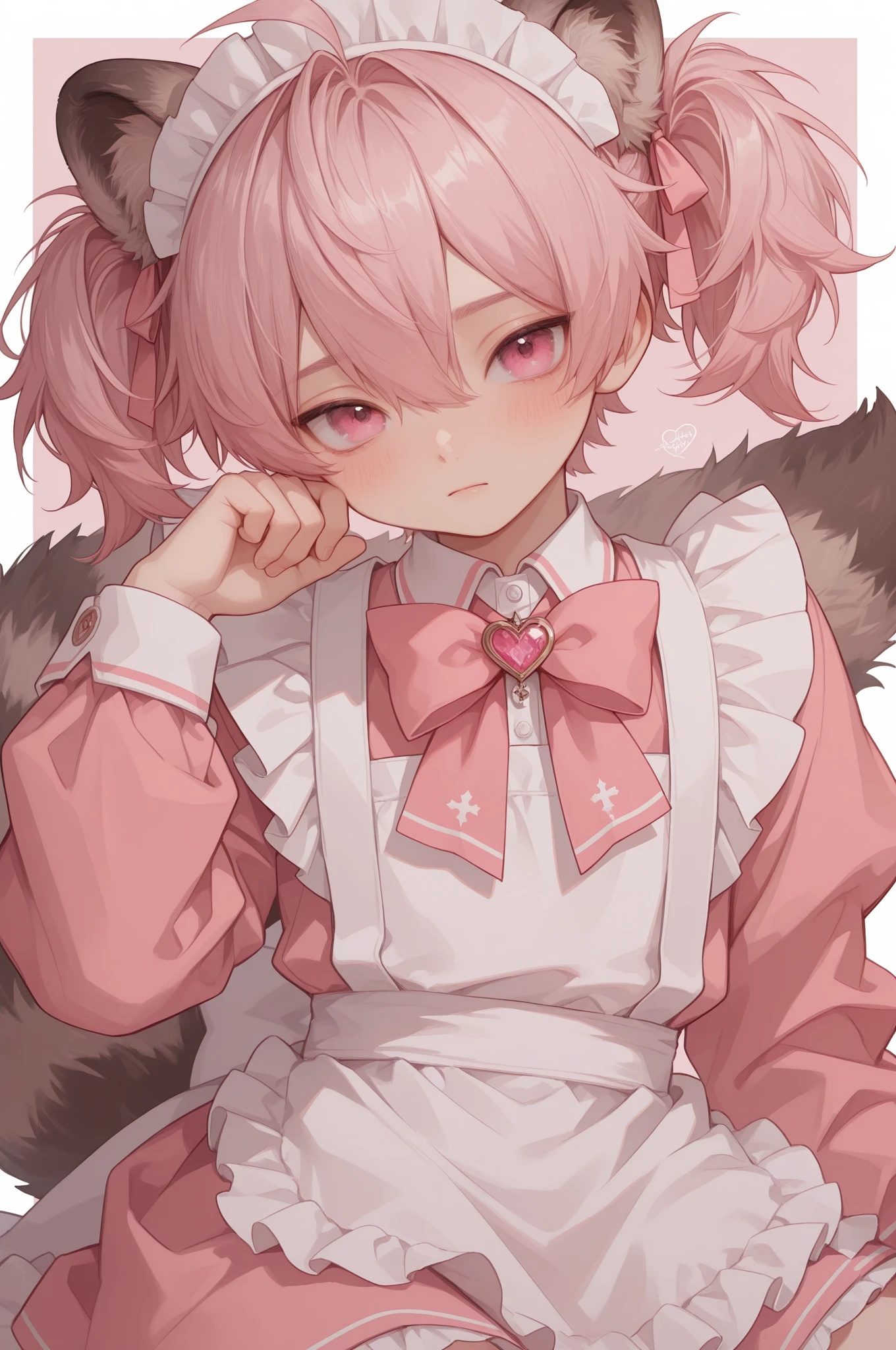 Girl with pink hair, long double-tailed hairstyle, ((small pink bushy eyebrows)), dressed in lolita clothing, marked ,  (Zankuro) drawing style by zankuro artist, Zancro style, image uploaded to R34, sitting on a , sitting on a man's crotch, ( position),