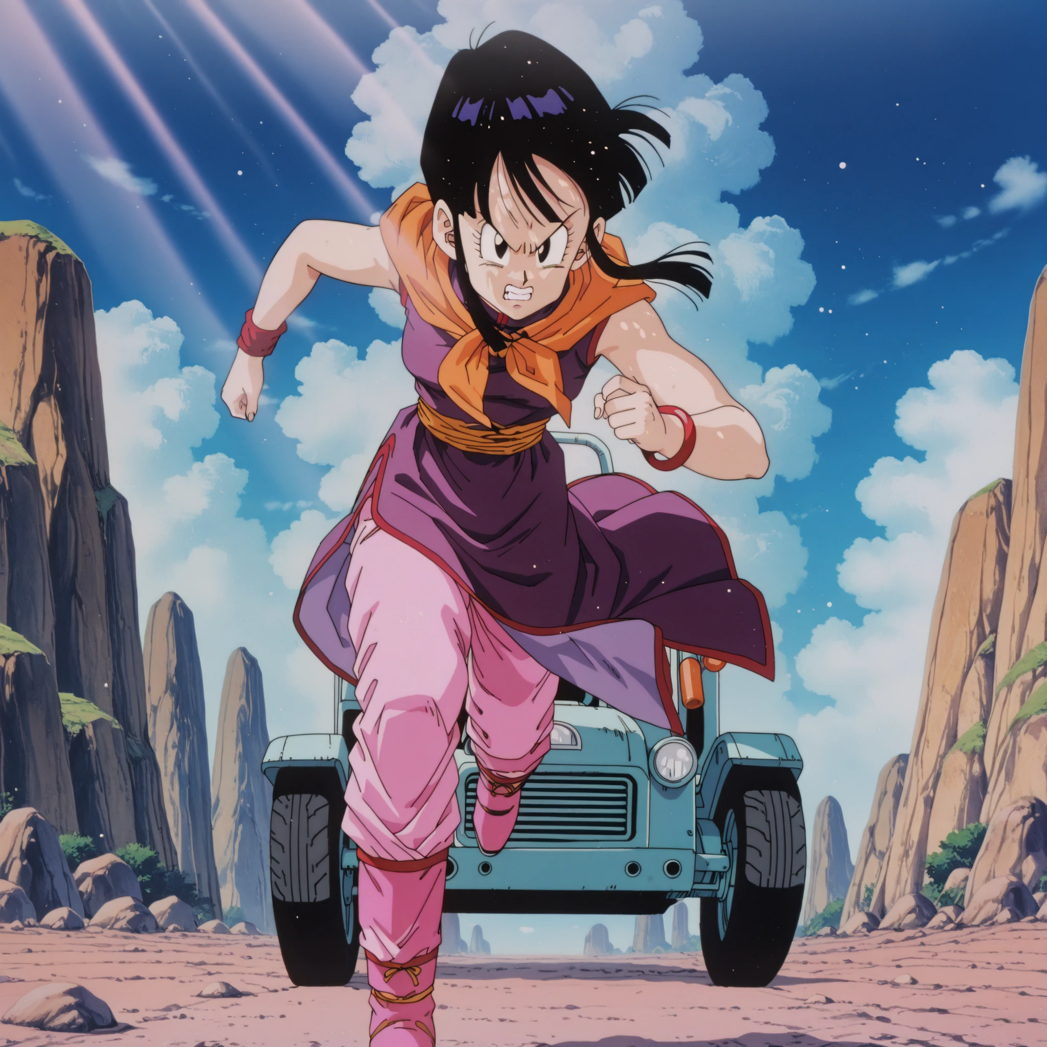 fountain_cheered up, score_9,score_8_above, score_7_above,  gineDb, cheered up screencap, 
1 girl, Alone, old, looking at the viewer, SMILE, short hair, simple background, black fur, neckline,  shoulders, medium old, Closed mouth, aboveper body, retro artStyle, 1990s \(Style\), Gray background, black eyes, nails, hands above,  arms, eyelashes, half closed eyes, happy, own hands together, spiky hair, pink bracelet, intertwined fingers, headrest, elbow rest, saiyajin armadura, green saiyajin armadura, Eyebrows, v-shaped Eyebrows, sexy body, tight  ass, hand on one's own ass
 