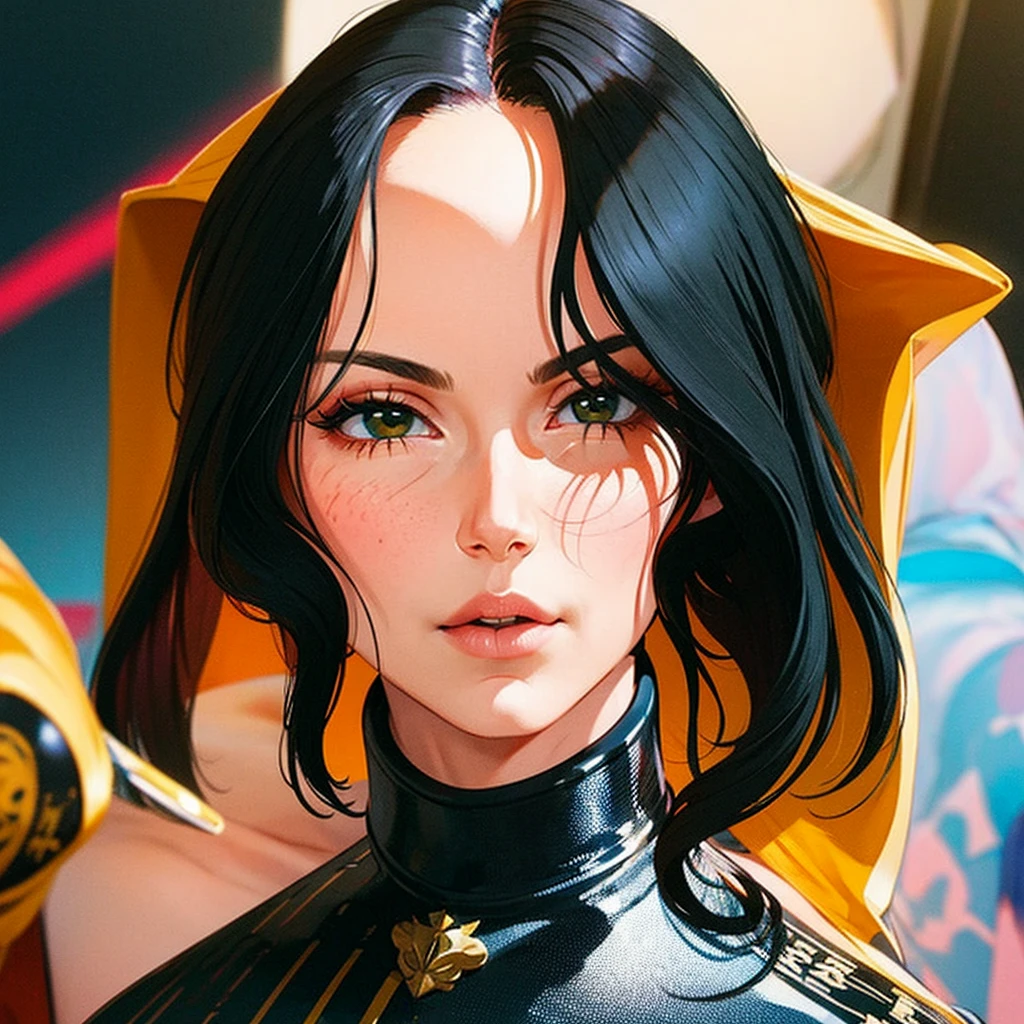 woman in a dress standing in front of simple background, up close, ((Art style by Patrick Nagel)), ((8k, wallpaper, detailed)), dark sunglasses, korean pop-star, black hair, pretty hands, fringe, simple red background, palm trees, (graffiti wall:1.2), strong, courageous, art by Patrick Nagel, album art cover