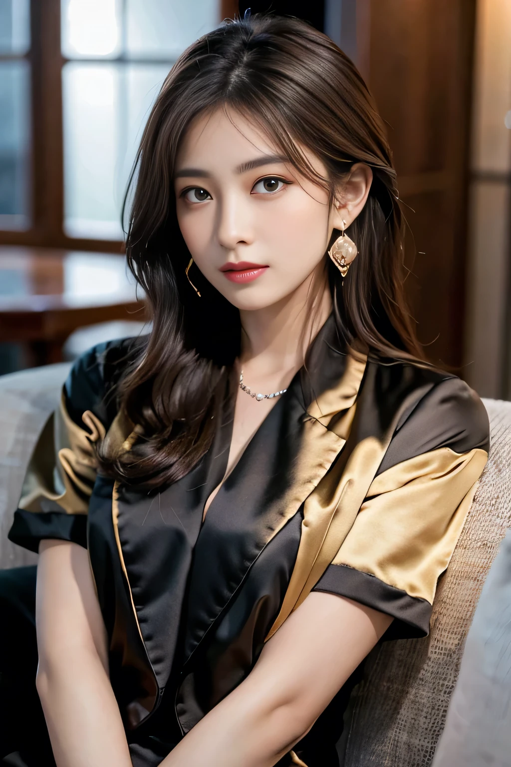 highest quality, masterpiece, 8K, ultra high resolution, (realistic: 1.4), 1 girl, beautiful face, symmetrical eyes, big, perfect body proportions, ((long hair))、((brown hair)), secretary、(luxury business suits)、The viewer's gaze, (president'office、blurred background), Front view, Absolute area (1.3),friendly smile、seems kind、cowboy shot,((shy smile:1.3)),((gold necklace＿Large earrings:1.2)),　((Complex and bold plaid dresses:1.3)),((Hair with loose waves inside:1.2)),((Super long brown hair:1.2))((sitting on a chair, night view terrace background:1.3)),