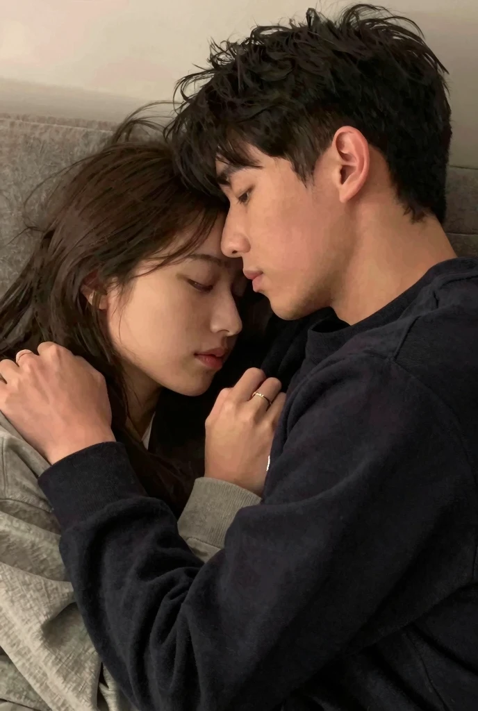 One man, one woman, arm around the neck, sleeping inside a car