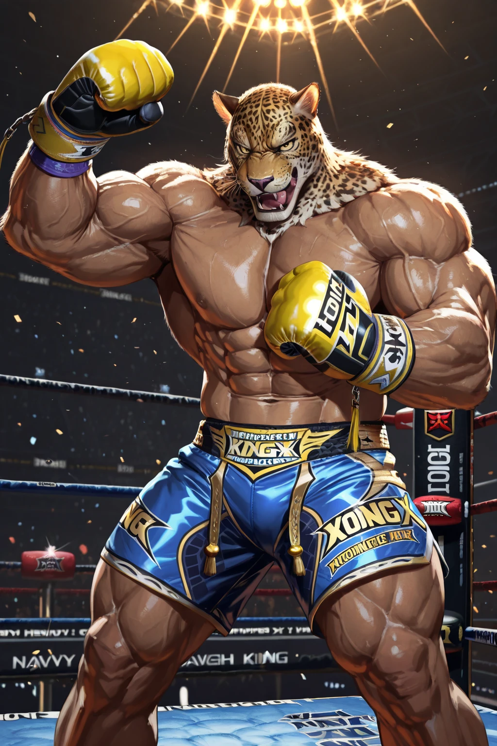 ((character concept art)),image of King from Tekken, sci-fi theme, wrestling outfit, ((standing)), looking towards the viewer, photorealistic, best quality, 8K masterpiece, 1man, minimal background, soft lighting, shadows accentuating muscles, full body, realistic skin, high resolution, high detailed, UHD wallpaper, masterpiece, absolutely perfect, stunning image, visually rich, intrinsically detailed, concept art, by Mschiffer, intricate details, soft natural light, king_tekken, simple background, muscular, pectorals, muscular male, simple background, a wrestling arena, day, night,