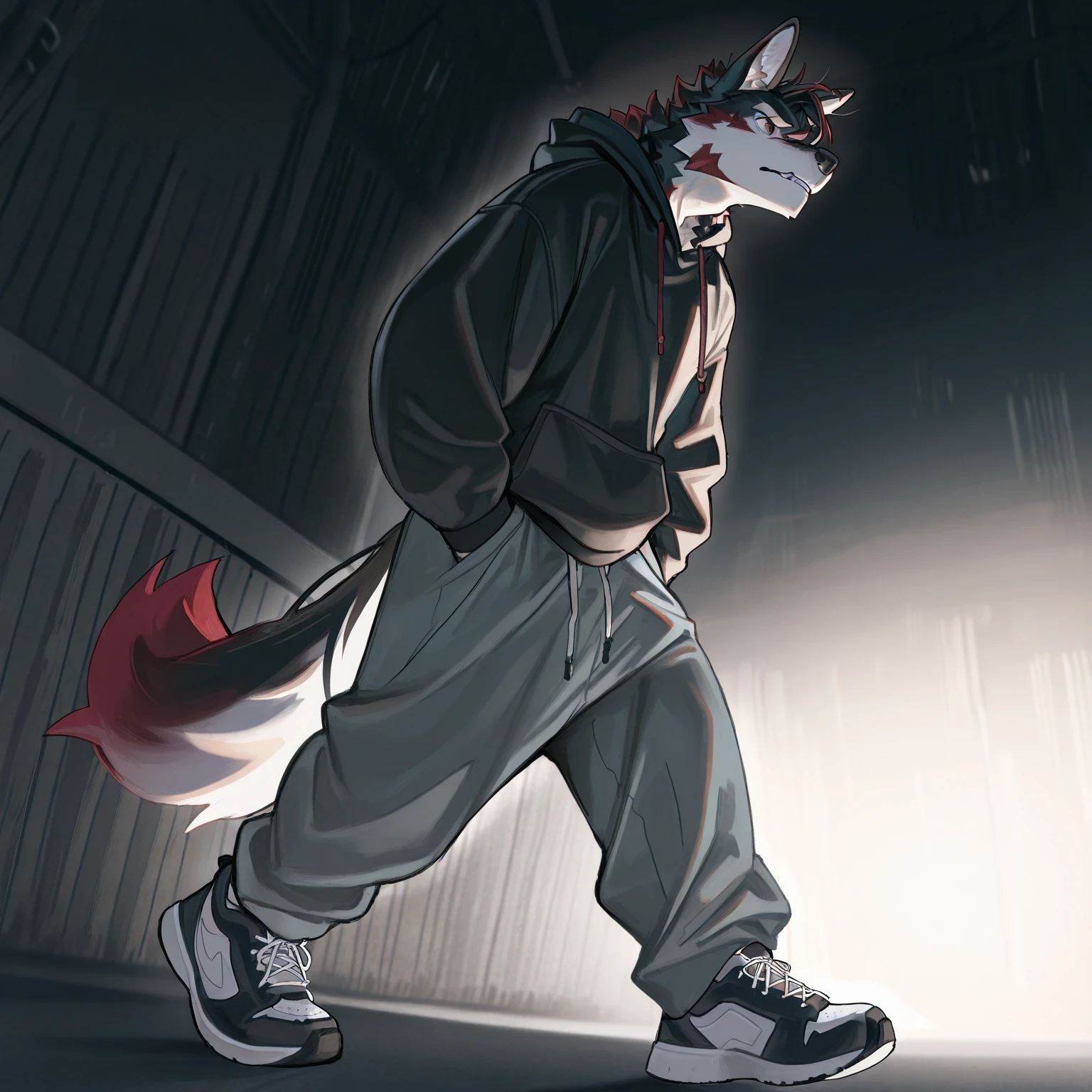 (masterpiece, best quality:1.2), Vortex female feminine hellhound, wolf, furry, helluva boss, glowing purple eyes, tongue out, she wears a black t-shirt with a gray vest with red spikes on the shoulders and black pants. walking , jungle background, profile picture, full body image