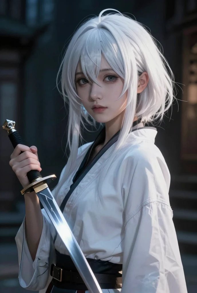 Close-up of a white-haired woman holding a sword, Komaeda Nagito, Inspired by Okumura Tougyu, Has dark grey hair, A silver madman, Tall anime woman with blue eyes, Inspired by Masanobu Okumura, Young anime woman, female anime character, Komaeda Nagito from danganronpa