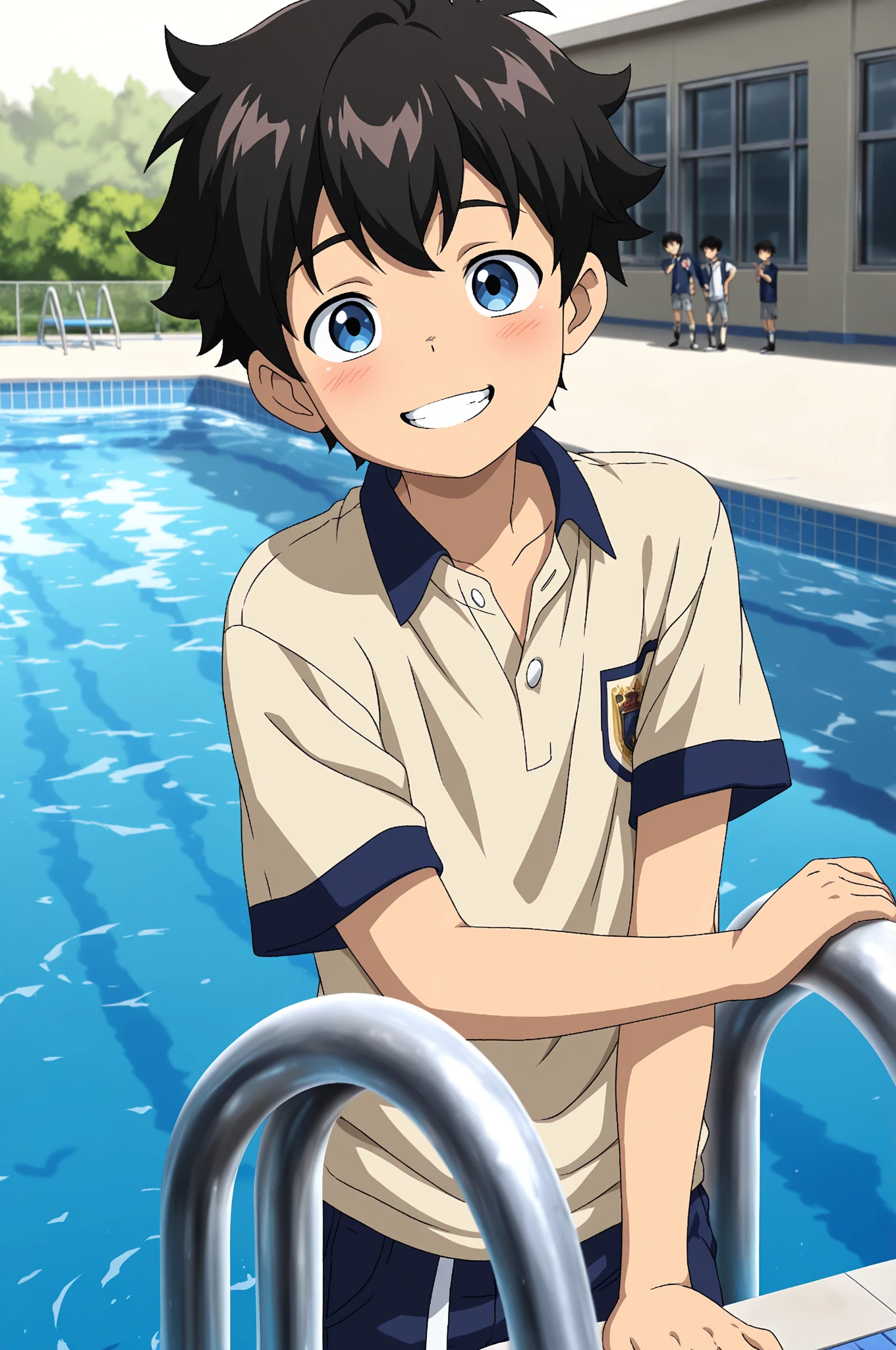 A young anime boy, , with sky blue eyes and golden hair, standing after showering, a towel wrapped around his waist, smiling and blushing, with water droplets on his body, highly detailed, photorealistic, 8k, masterpiece