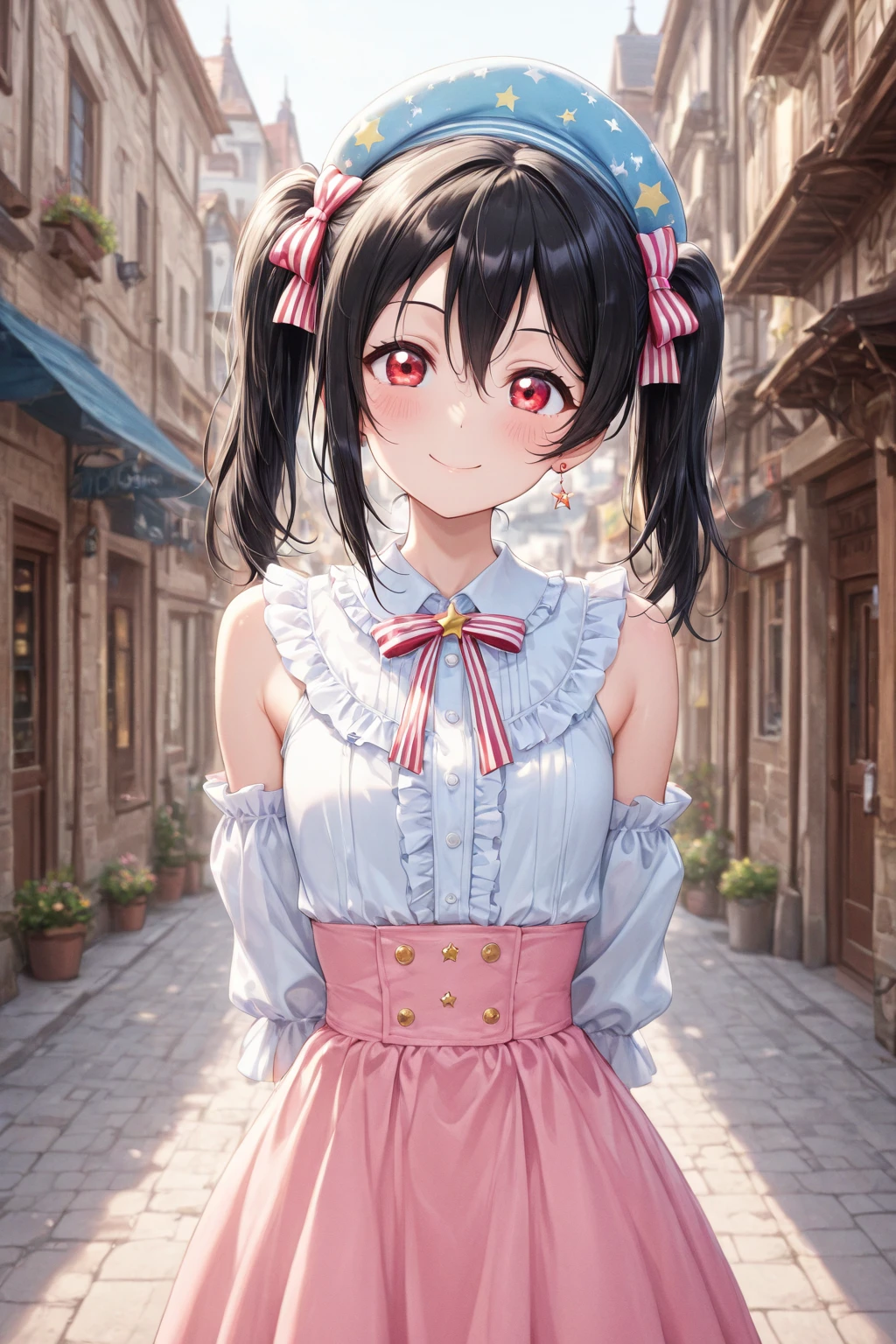 masterpiece, High resolution, Realistic, Black Hair, Asian Girl, ponytail, Very short stature，Hair Ribbon,((the face of a very young child:1.1)).○, A girl wearing a pink idol dress (((Beautiful thighsが露出したSparklingアイドルドレス:1.2)))、(Fold it back to wear, Too short mini frill skirt), (Black Hairのアジア人), Outdoor, ponytail, Are standing, Outdoor, wearing red Backpack, (Backpack:1.1) (赤いBackpack:1.2)、((Beautiful thighs:1.39)),((Lovely:1.4)),((Girls who love to show off their )),Browsing Caution