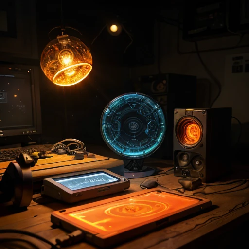 Una mesa de trabajo llena de dispositivos electrónicos futuristas, circuitos azules y naranjas brillantes, sutiles interfaces holográficas flotando sobre los dispositivos, cables de fibra óptica, entorno de taller oscuro de alta tecnología, Estética Cyberpunk realista