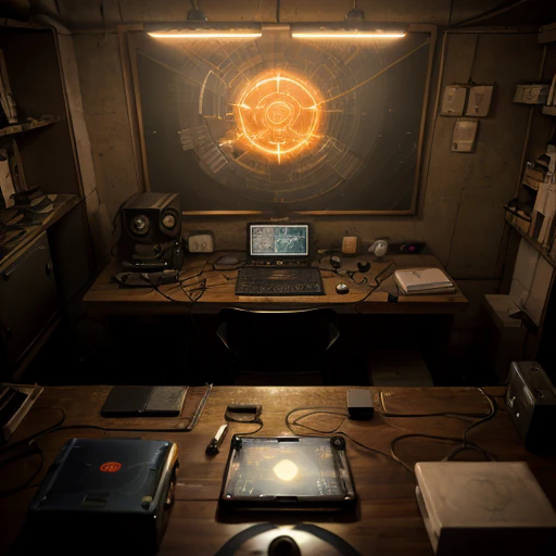 Una mesa de trabajo llena de dispositivos electrónicos futuristas, circuitos azules y naranjas brillantes, sutiles interfaces holográficas flotando sobre los dispositivos, cables de fibra óptica, entorno de taller oscuro de alta tecnología, Estética Cyberpunk realista