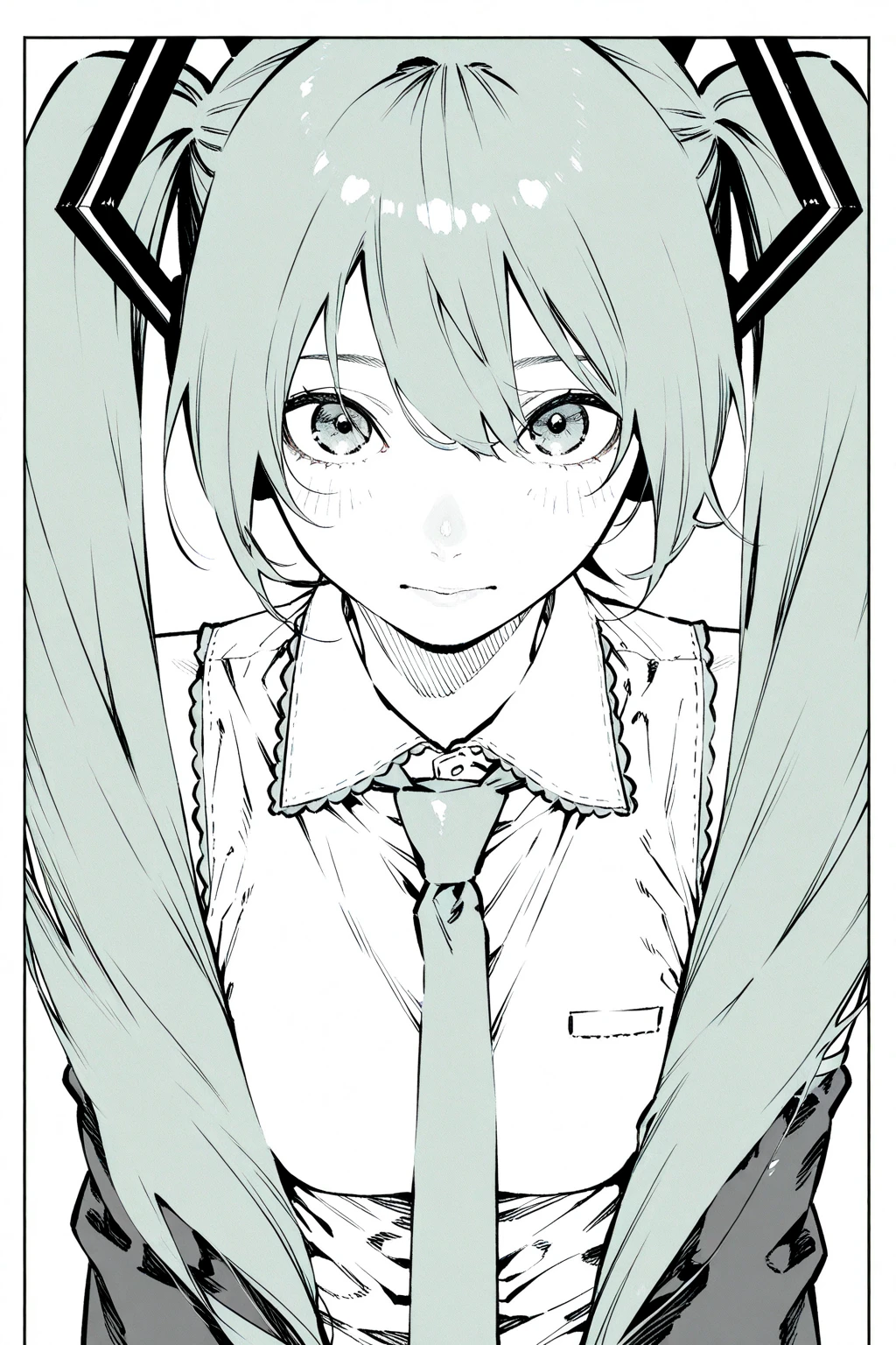 1girl,20 years old,solo,(sketch, monochrome, greyscale, traditional media,),long hair,white hair,finana,twintails,((white shirt,short sleeves,black standart tie,black skirt)),open mouth,outstretched hand,smile,double bun,(from front)