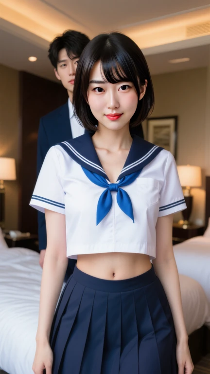 ((((((16 years old))))))、(((Ojamajo Doremi : 0.4)))、(((A charming face)))、(((Young face)))、(((beautiful girl)))、(((A beautiful woman)))、Beautiful woman、Cute woman、((Innocent face))、((Smile))、((Ultra-detailed face))、((Detailed lips))、((Detailed eyes))、((double eyelid))、(((Beautiful Face)))、(((Beautiful, well-shaped eyes)))、(((Beautiful, well-shaped lips)))、Very Short Hair、ponytail、Pixie cut、BREAK、BREAK、(((Ojamajo DoremiがWearing a sailor uniform)))、(((Wearing a sailor uniform)))、BREAK、8 heads、(((slender)))、(((Slim body)))、(((Thin body)))、(((Slim woman)))、(Flat Chest:1.5)、BREAK、Photographic quality、Natural light、(フォトRealistic:1.4)、(Highest quality:1.2)、(Ultra-high resolution:1.2)、8K、RAW Photos、Realistic、High Detail、Film Grain、Detail Skin、Symmetrical、Delicate skin、Real human skin、pores、Super detailed、Detailed、(masterpiece : 1.2)、Thin face、Sharp Face、Small Face、Small face、Narrow shoulders、Small shoulders、Small shoulders幅、Slim shoulders、Narrow shoulders幅、Beautiful Japanese Woman、Beautiful Korean Woman、Slim womanモデル、Young Gravure Idol、Realistic young gravure idol、Young Sensual Gravure Idol、Young Pretty Gravure Idol、Japanese Model、Young Gravure Idol、((From the knee up)) 、(arms behind back:1.3)