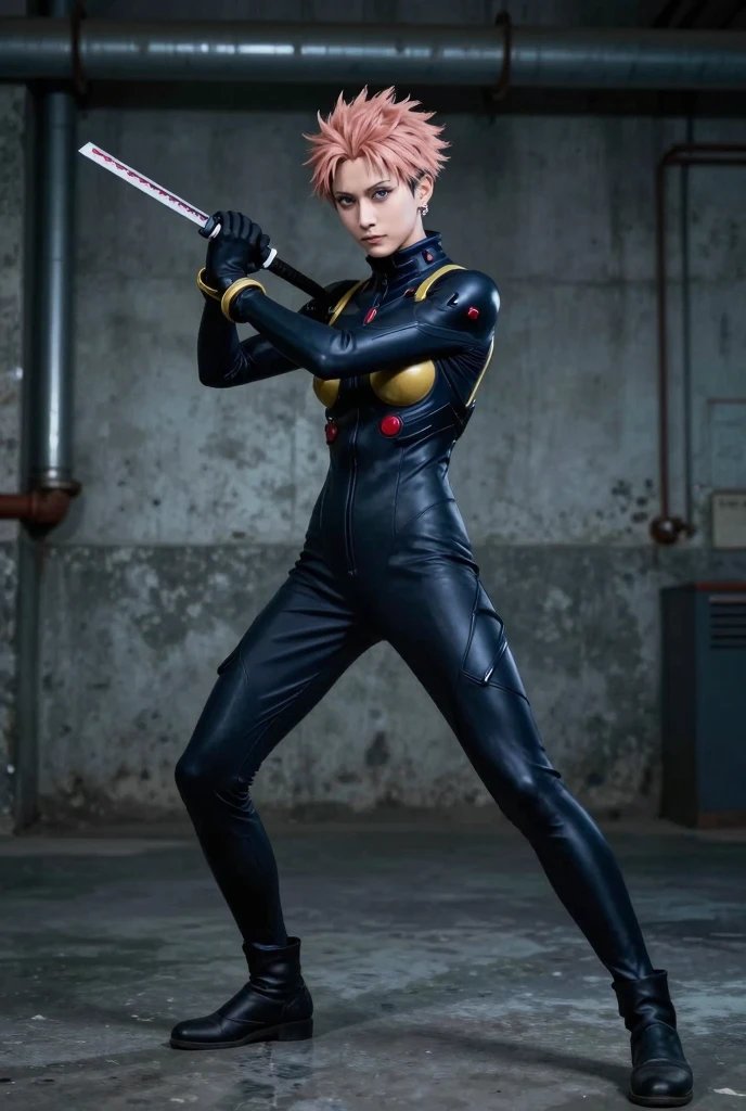 Light blue rubber suit with white lines, short orange cropped hair, half-Western, half-Asian face, falls and kneels, well-trained body, viewer's gaze, prison corridor, lamps hanging from the ceiling, from below, handcuffs, impatience, confusion, , turning around