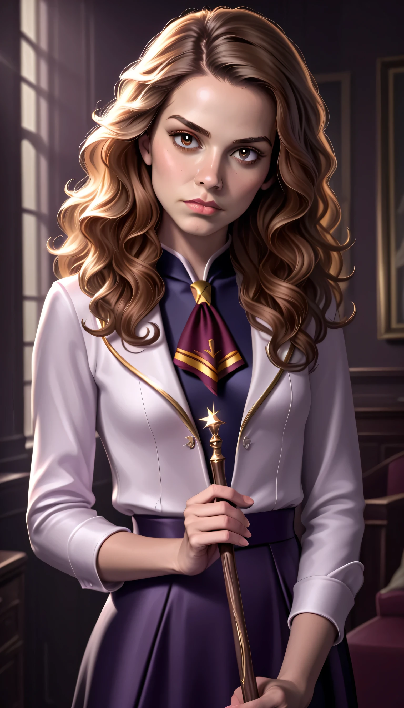 Hermione Granger, portrait, young witch, wand in hand, (Gryffindor uniform), serious expression,  gaze, flowing hair, detailed  features, elegant posture, realistic, 4K, photorealistic, studio lighting, professional, dynamic composition, magical atmosphere, enchanted environment, warm color palette, big breast, summoning a huge  from a spellbook