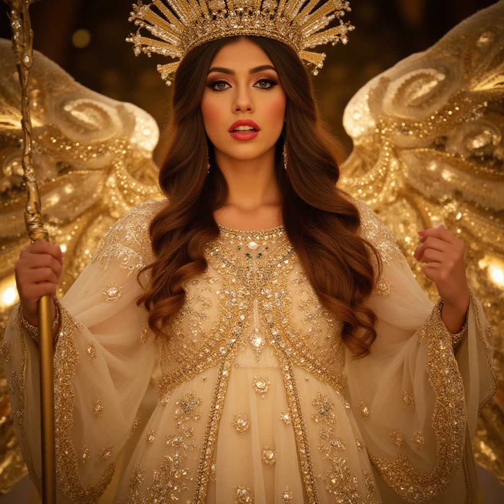 A beautiful girl age 17 king chair purple background name (Laiba) girl long gown with golden wings
