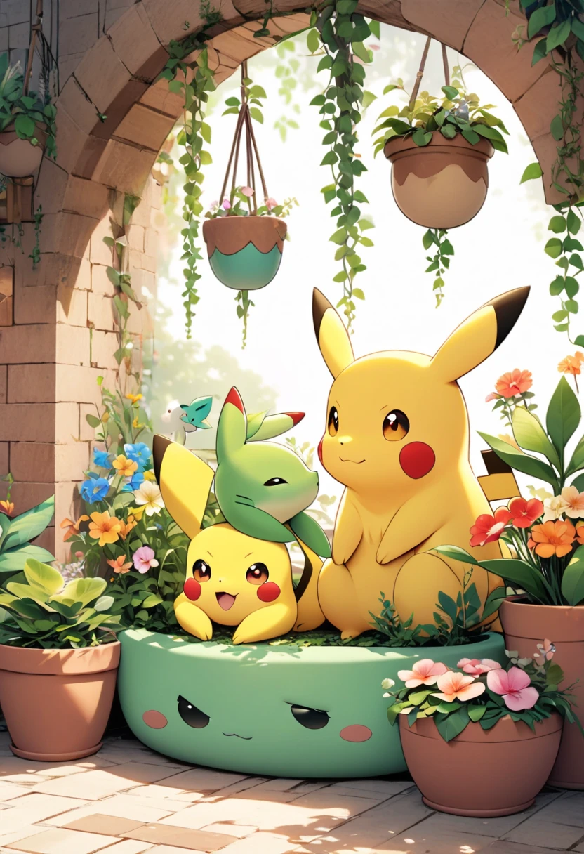Draw a delightful illustration of Pikachu relaxing in a garden chair. Pikachu should be surrounded by blooming flowers and greenery, sitting comfortably with a smile. Include details like a watering can, garden tools, and butterflies flying around. The overall vibe should be fresh and lively.