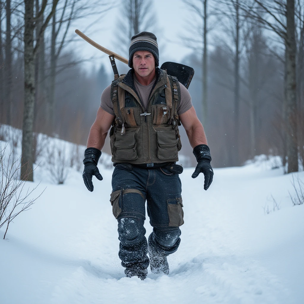 (masterpiece, 4K, ultra detailed), Jason Voorhees, dark hair, two blogs haircut, single, Jason's white mask, masculine, lake, realistic, , muscular, eight-pack, white shorts